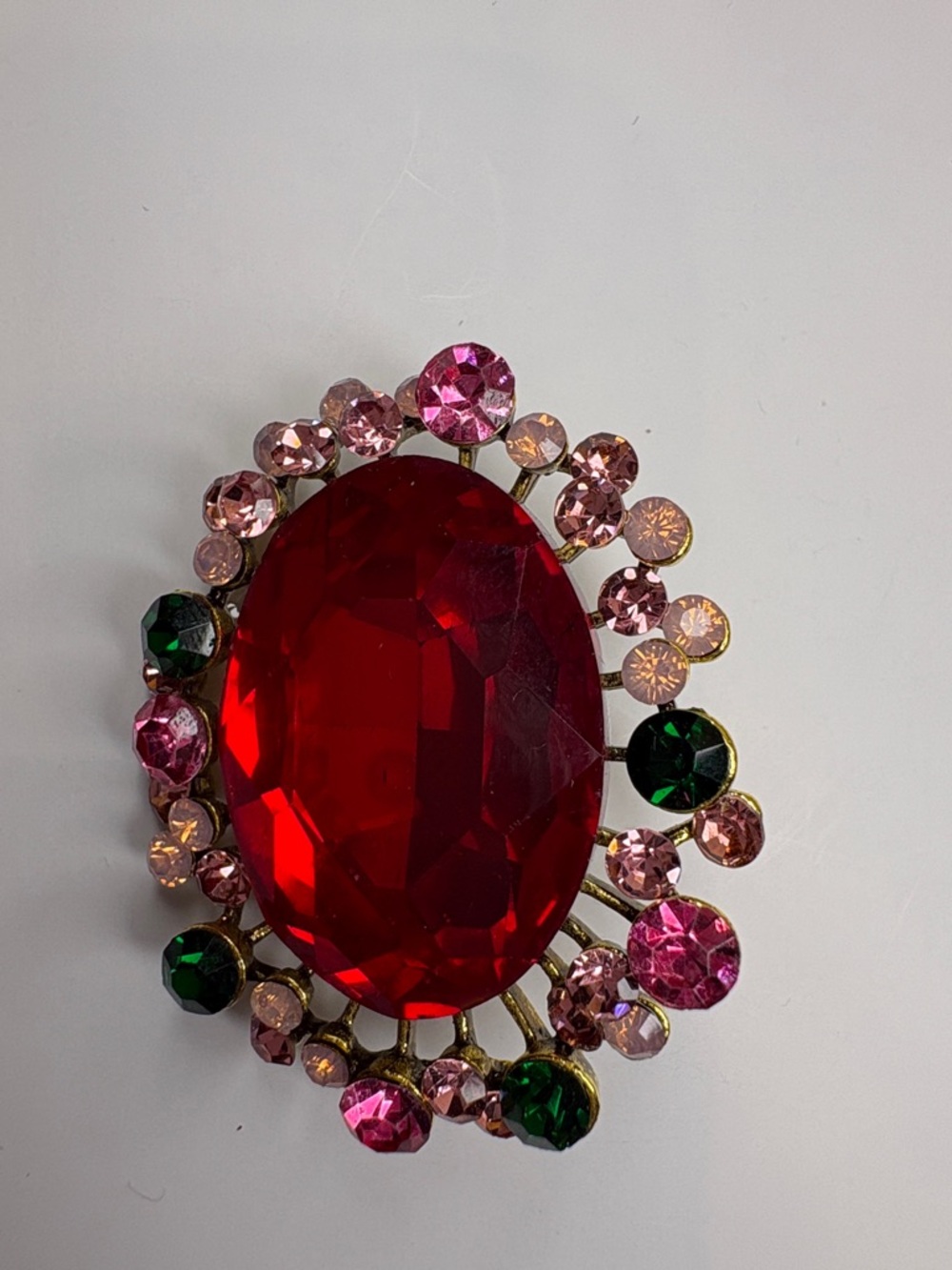 Vintage-Inspired Red Oval Crystal Brooch with Pink and Green Rhinestones